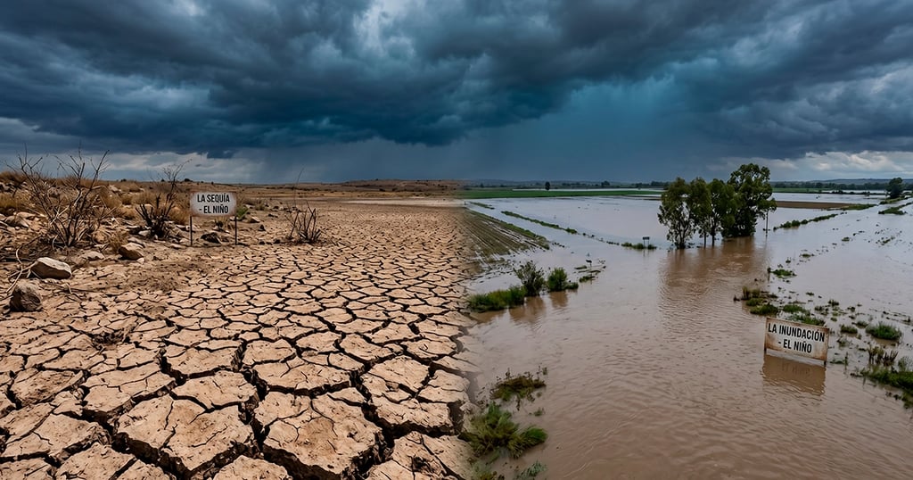 Suelo agrietado junto a una inundación bajo nubes de tormenta; simboliza eventos climáticos extremos