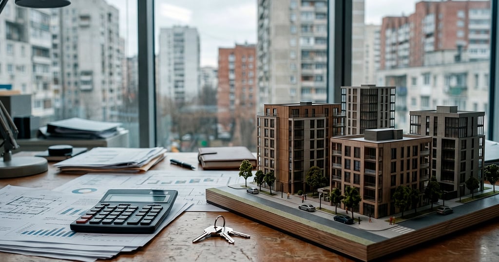 Maqueta de viviendas sobre escritorio financiero con documentos, representando el riesgo hipotecario