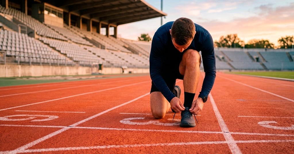 Atleta atándose zapatillas sin logo en pista de atletismo vacía, simboliza reto para marca deportiva