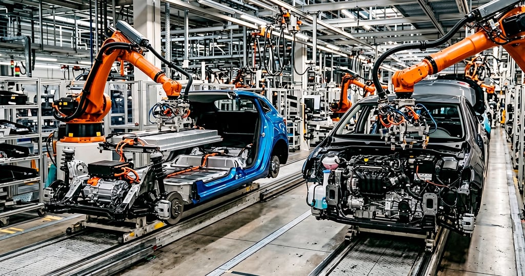 Línea de montaje con coche eléctrico y otro de gasolina, mostrando estrategias divergentes