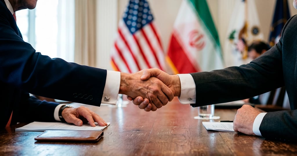 Manos de diplomáticos de EE. UU. e Irán estrechadas ante banderas; simboliza un frágil acuerdo
