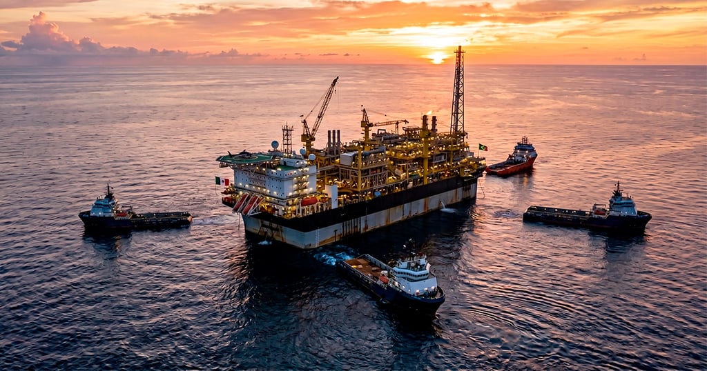 Plataforma petrolífera en el Golfo de México a la luz del atardecer, sobre aguas calmadas
