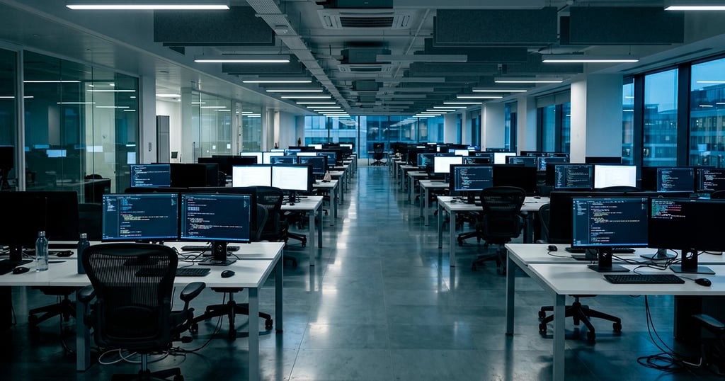 Oficina con puestos vacíos y ordenadores encendidos, simboliza recortes de empleo debido a IA