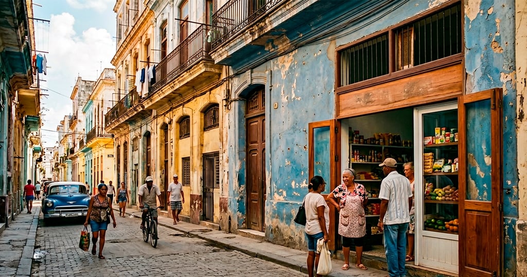 Calle de La Habana con edificios antiguos y nuevos comercios, simboliza reformas económicas