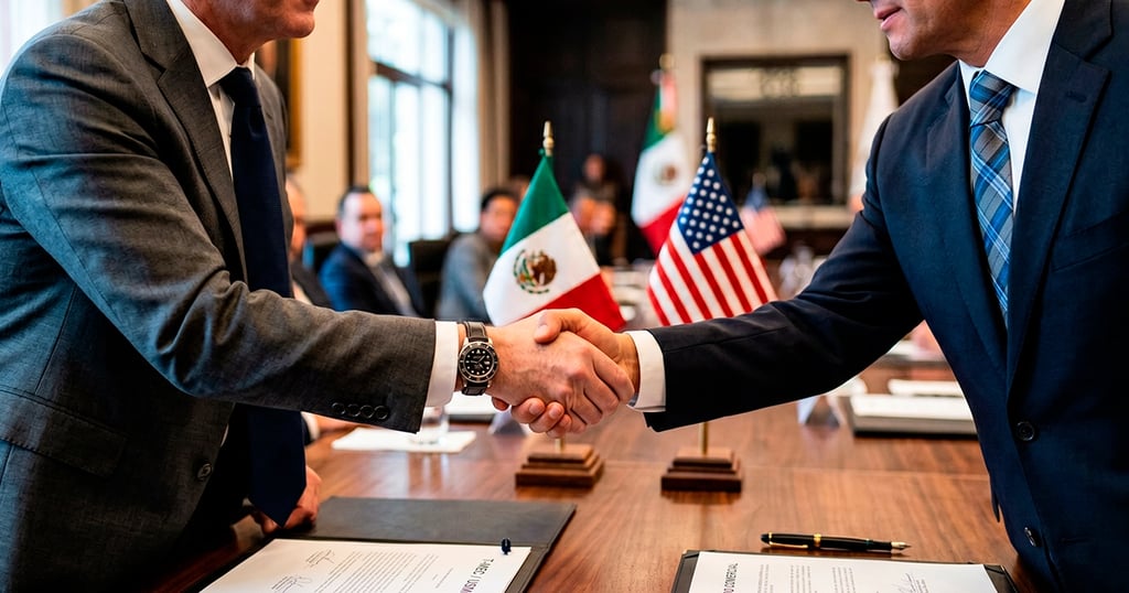 Apretón de manos con banderas de México y EE.UU., representando renegociación del T-MEC.