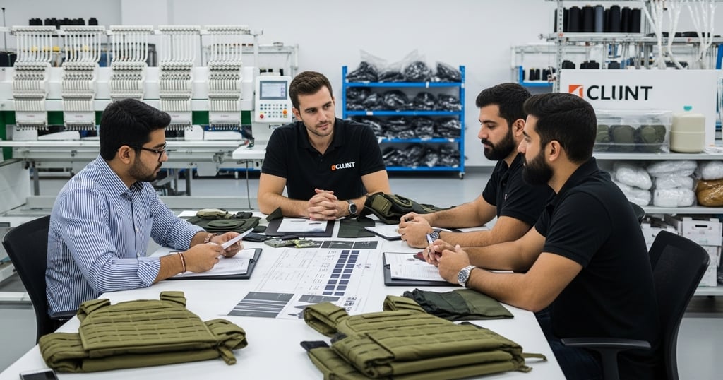 Zestlet OEM team reviewing tactical uniform customization and private-label packaging options for international clients.