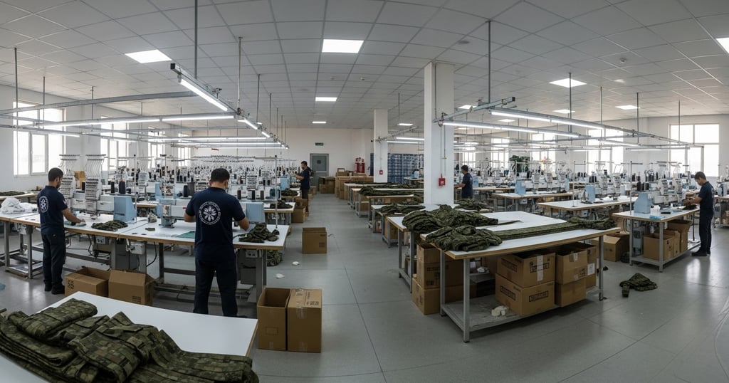 Zestlet tactical gear production facility in Sialkot showing cutting, stitching, and inspection zones under ISO-certified wor