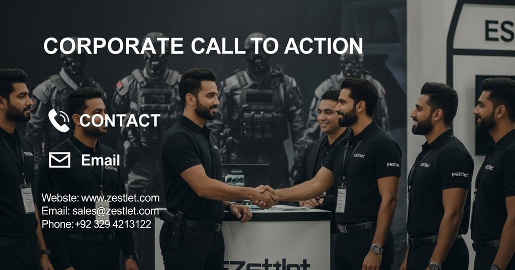 Zestlet call-to-action section with contact details for tactical gear inquiries, OEM services, and international manufacturin