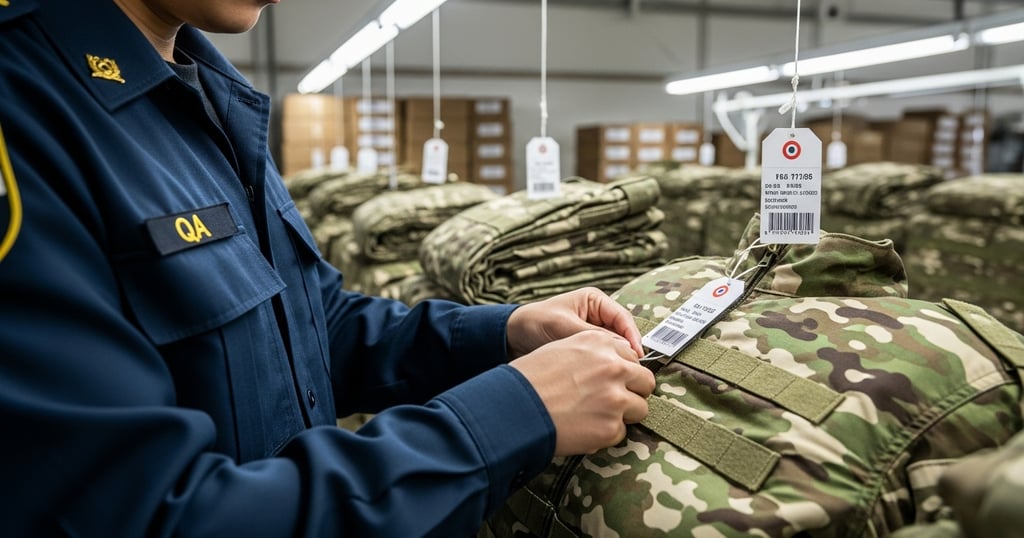 Zestlet quality assurance specialist inspecting tactical gear for stitching accuracy and packaging compliance in ISO 9001-cer