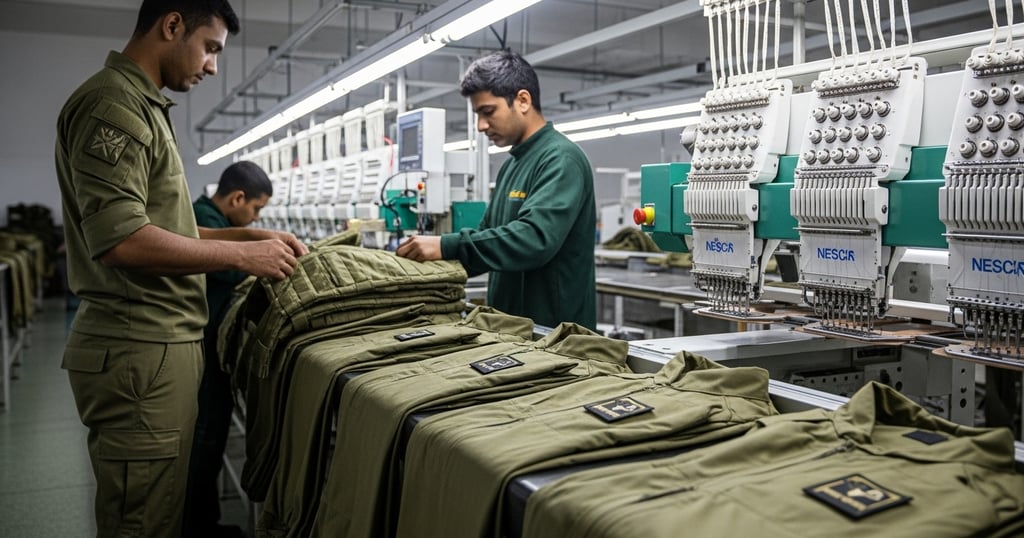 Tactical uniform production including shirts, pants, vests, and jackets at Zestlet’s ISO-certified facility in Pakistan.