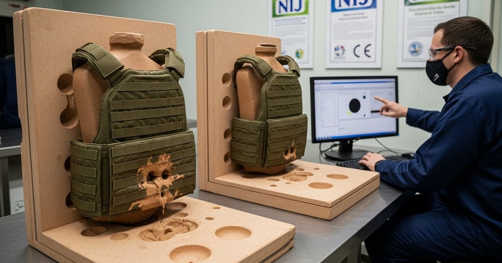 Zestlet ballistic vest testing according to NIJ 0101.06 standards at a certified lab using live ammunition and BFD measuremen
