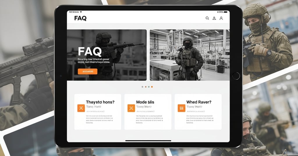 Interactive FAQ layout displaying Zestlet’s tactical gear customization, certifications, shipping, and OEM services.