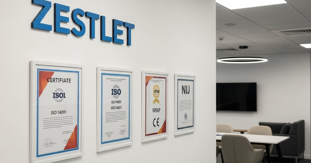 Zestlet’s global certifications including ISO, NIJ, CE, OEKO-TEX, WRAP, and NATO displayed in a corporate showroom in Pakista