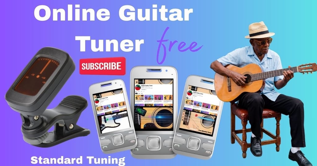 A man playing acoustic guitar next to mobile phones displaying a free online guitar tuner app.