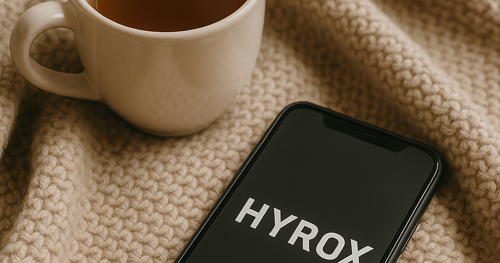 A cozy blanket, a steaming cup of tea, and a phone with message "HYROX" on the screen