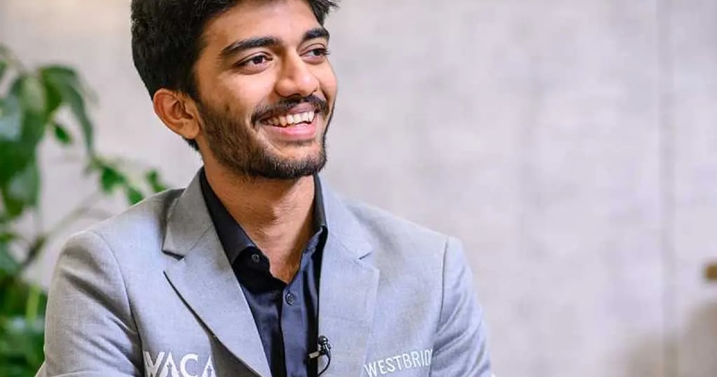 Gukesh Dommaraju, Indian chess grandmaster, deeply focused during a chess match, representing discip