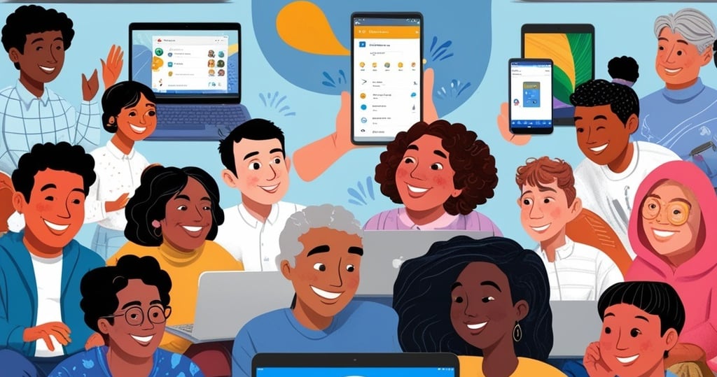 un grupo de personas diversas utilizando smartphones, tablets y ordenadores