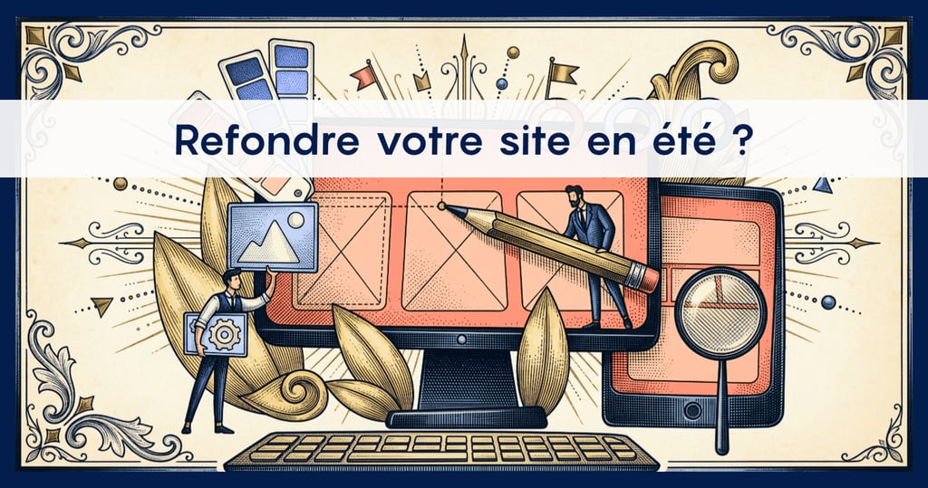 Image représentant un ordinateur et un écran de tablette avec un texte "refonte votre site en été ?"