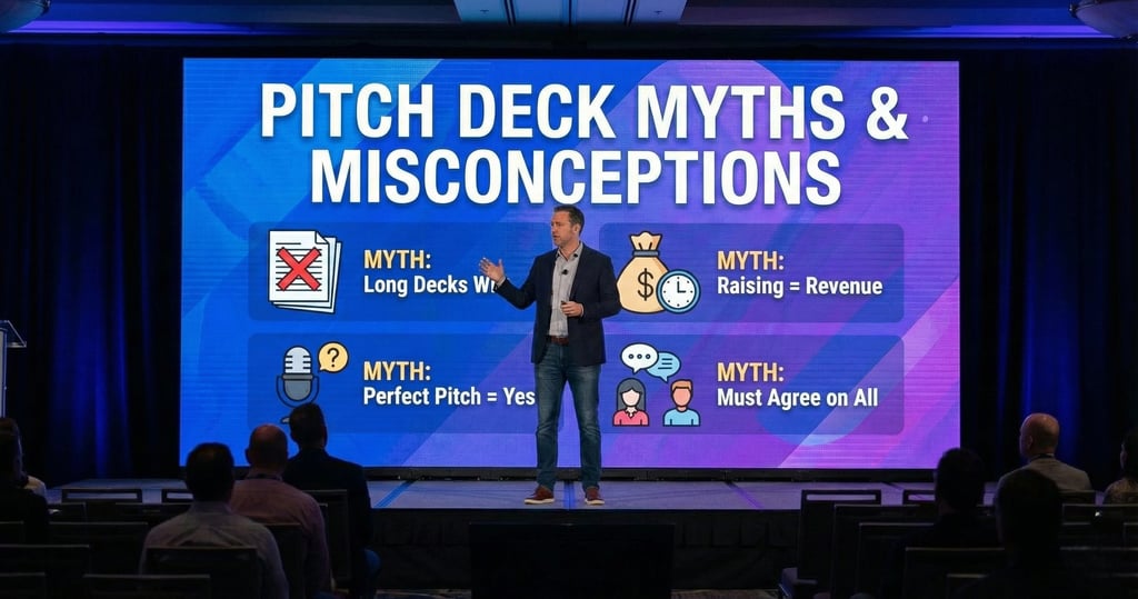 Speaker presenting pitch deck myths and misconceptions