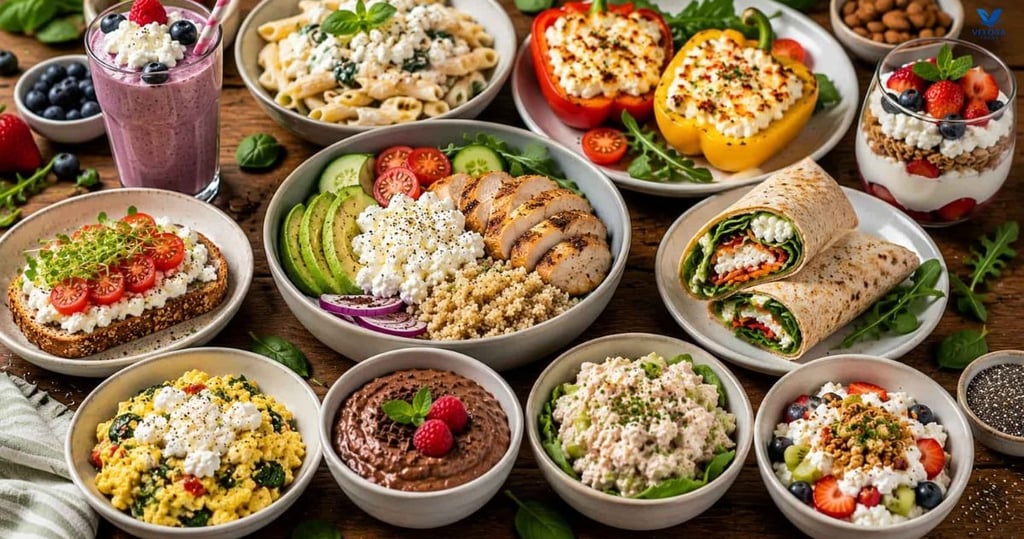 Various high protein cottage cheese breakfast meals are set out on a rustic wooden table, such as br