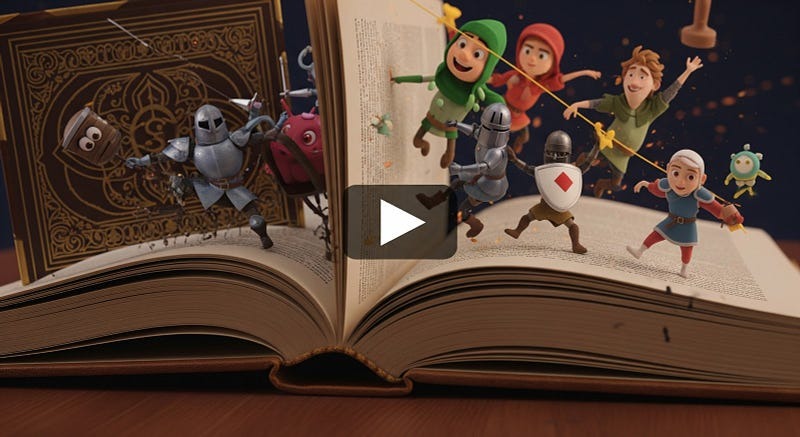 Book transforming into 3D animated video content.