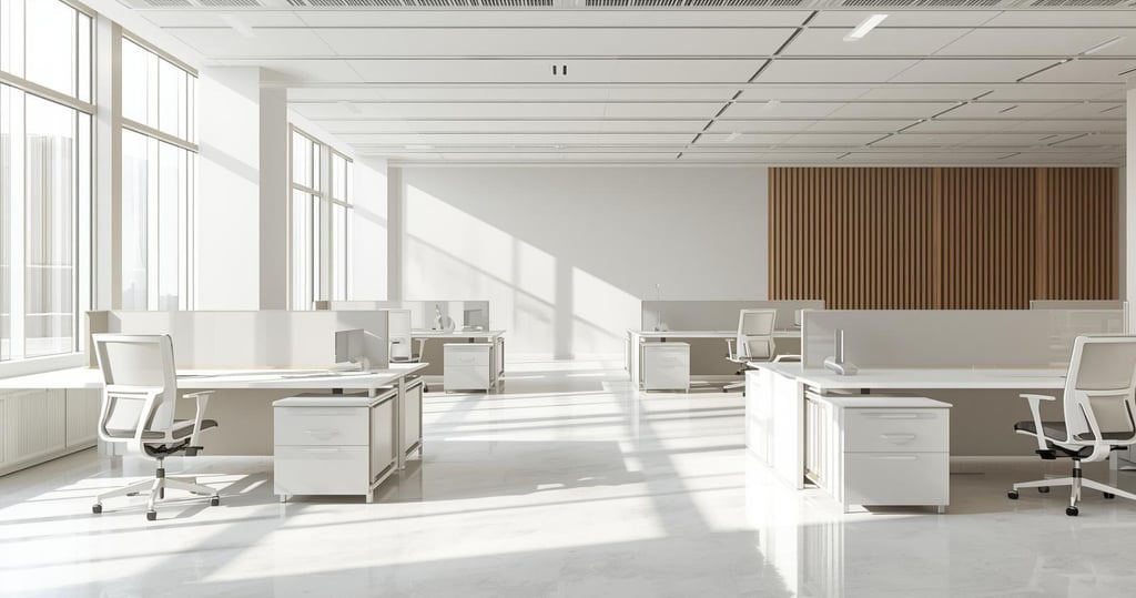a large open office with a lot of white furniture