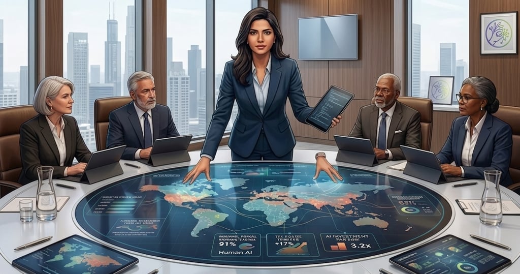 A diverse team of business executives discussing global data on a digital holographic table in a modern office.