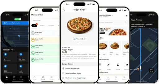 A collection of mobile app UI screens showing food delivery ordering, order management, and GPS route tracking.