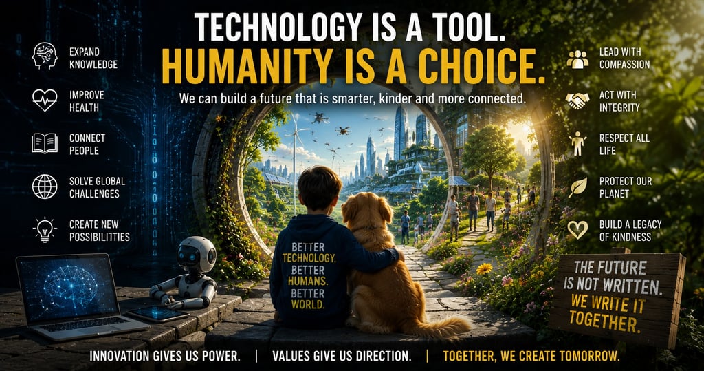 A child and dog viewing a futuristic green city through a portal, illustrating humanity and technology.