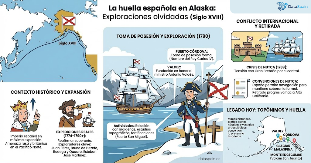 Infografía de la huella Española en Alaska: Exploraciones y legado olvidado del siglo XVIII