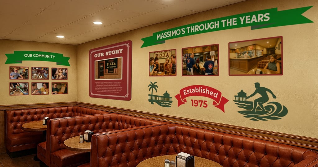 Massimo’s Pizza rebrand wall graphics showcasing history, community, and heritage since 1975.