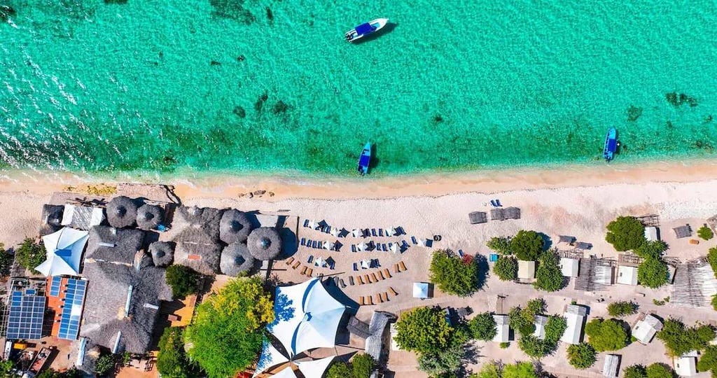 Aerial view of a beachfront glamping eco-lodge in Cabo Rojo, Pedernales