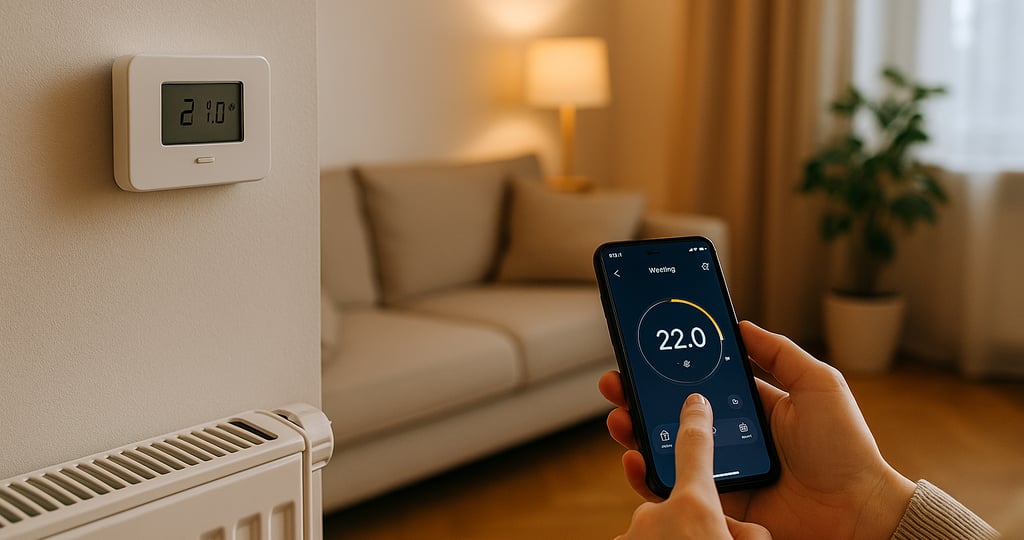 Modernes Wohnzimmer, Heizung per App gesteuert.