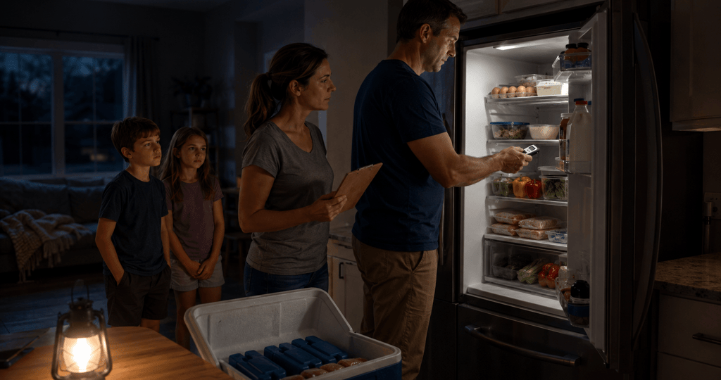 A concerned family checks a refrigerator with a thermometer and cooler during a dark home power outage.