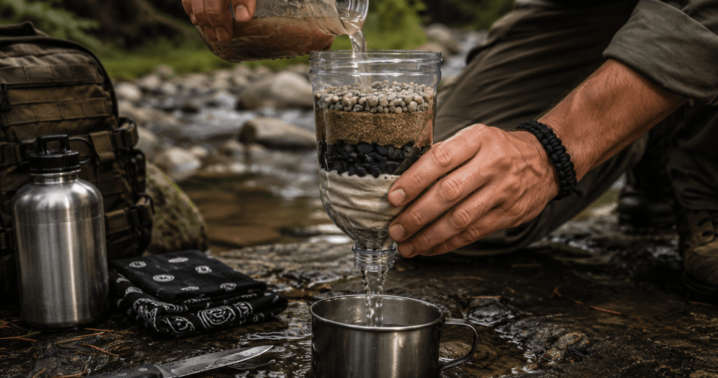 A survivalist using a DIY layered water filtration system to purify stream water into a metal cup.
