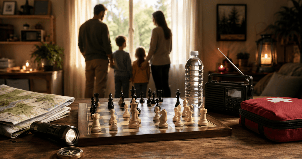 A cinematic chessboard with survival preparedness items symbolizing strategic thinking and risk management.