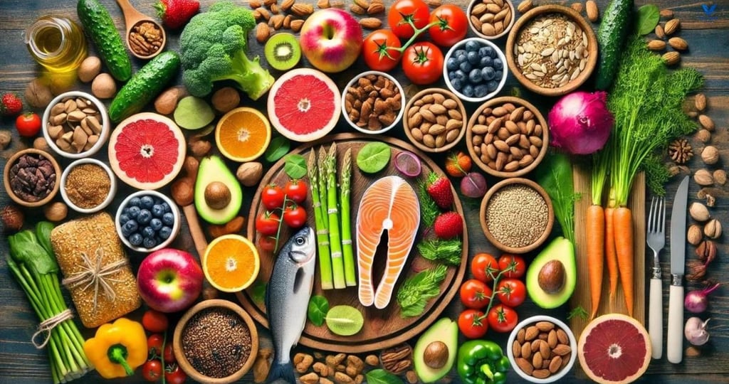 Fresh healthy food spread featuring grilled salmon, colorful vegetables, fresh fruits, whole grains,