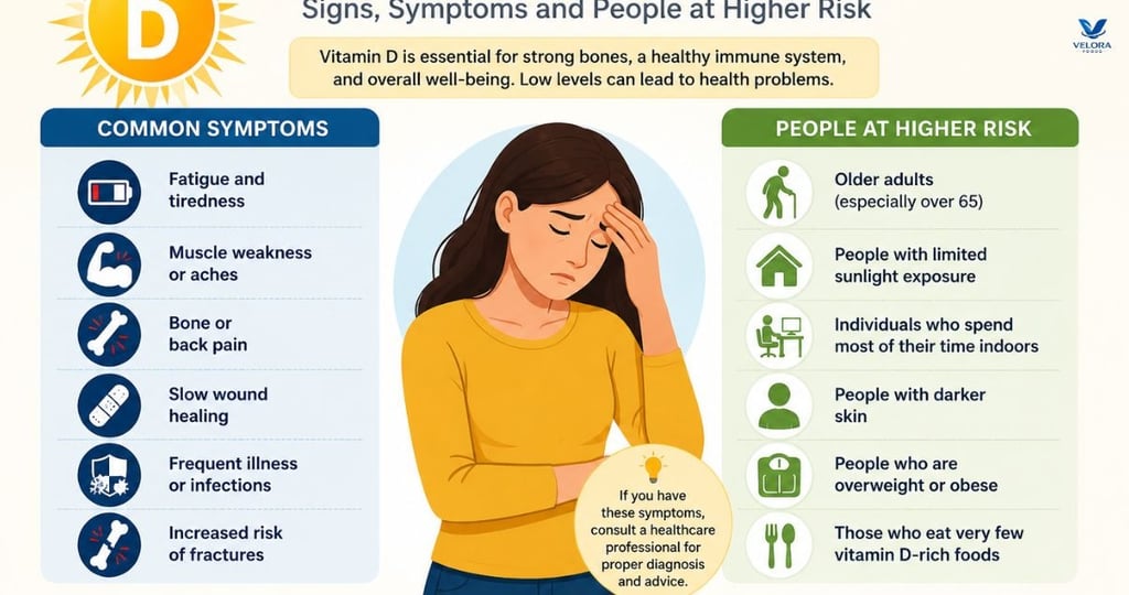 Infographic showing common symptoms of vitamin D deficiency and groups at higher risk.