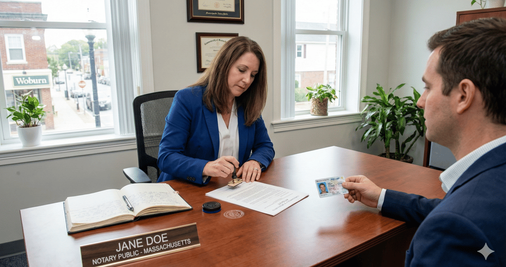 Notarized near me service in Massachusetts with a licensed notary public verifying identity and nota