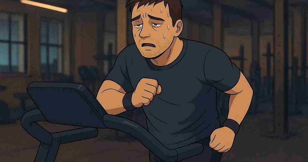 Övertränad man i svart tshirt, svarta shorts som försöker springa på ett rullband