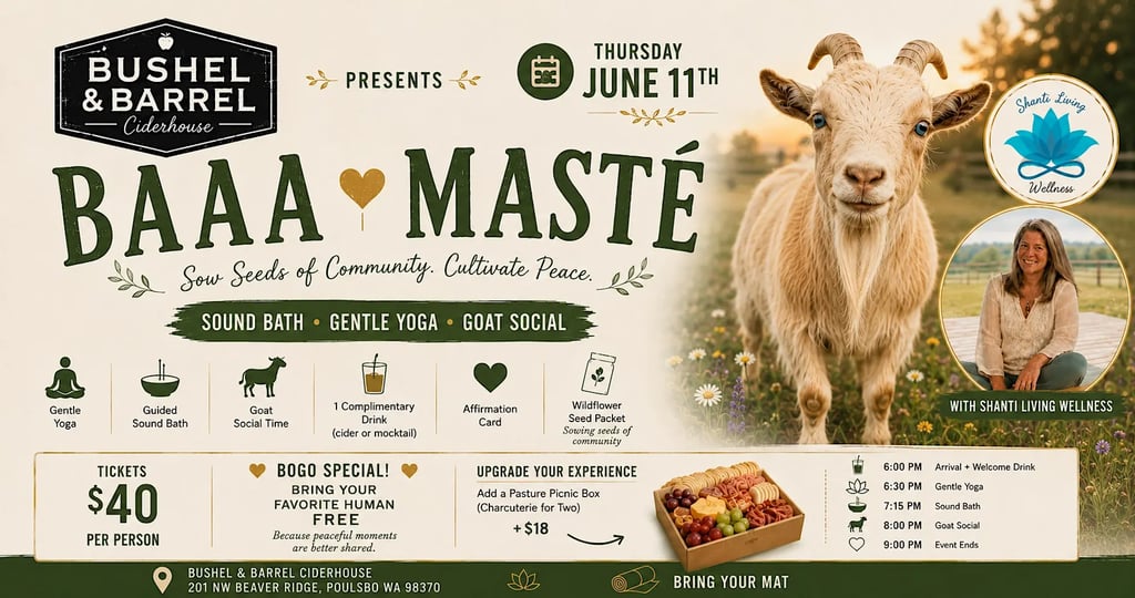 Promotional poster for Baaa Maste event at Bushel and Barrel Ciderhouse featuring goat yoga and a sound bath.