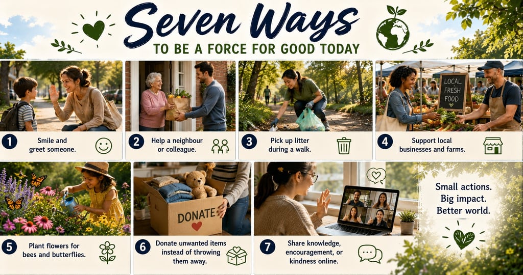 Infographic showing seven ways to be a force for good including volunteering, donating, and sustainable living.
