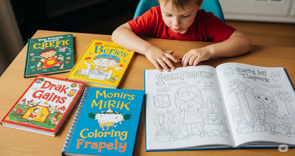 seorang anak yang duduk dan beberapa buku ada diatas meja dan salah satunya buku mewarnai