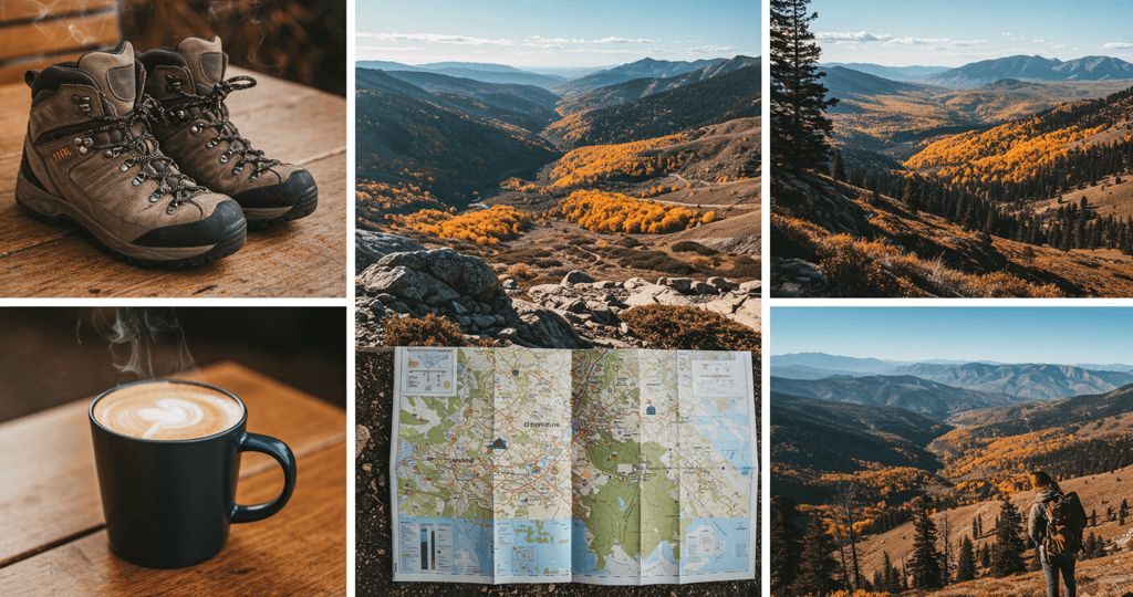 A collage of hiker on a hike, mountain background, a  park map and coffee with hiking shoes
