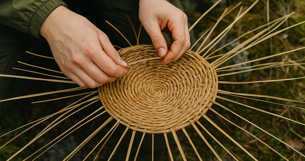 Close-up of survival basket weaving using natural materials, wilderness bushcraft skill for carrying and trapping