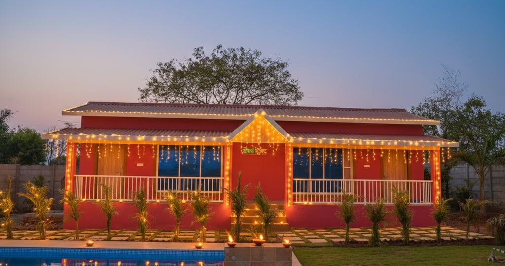 Nature’s Trinket Karjat villa decorated for Diwali with diyas and lights.