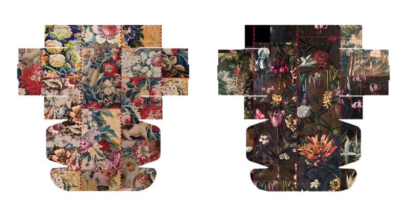 Two floral patchwork pattern templates featuring vintage tapestry and botanical oil painting designs.