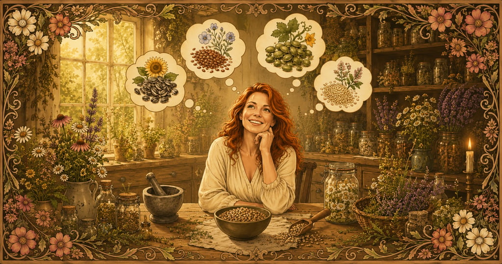 Smiling woman in a rustic apothecary thinking of seeds, herbs, and botanical remedies.