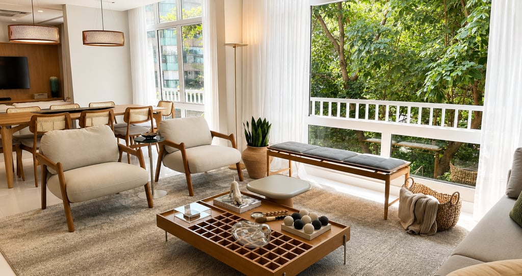 Apartamento no Leblon com sala integrada, luz natural e interiores residenciais sofisticados