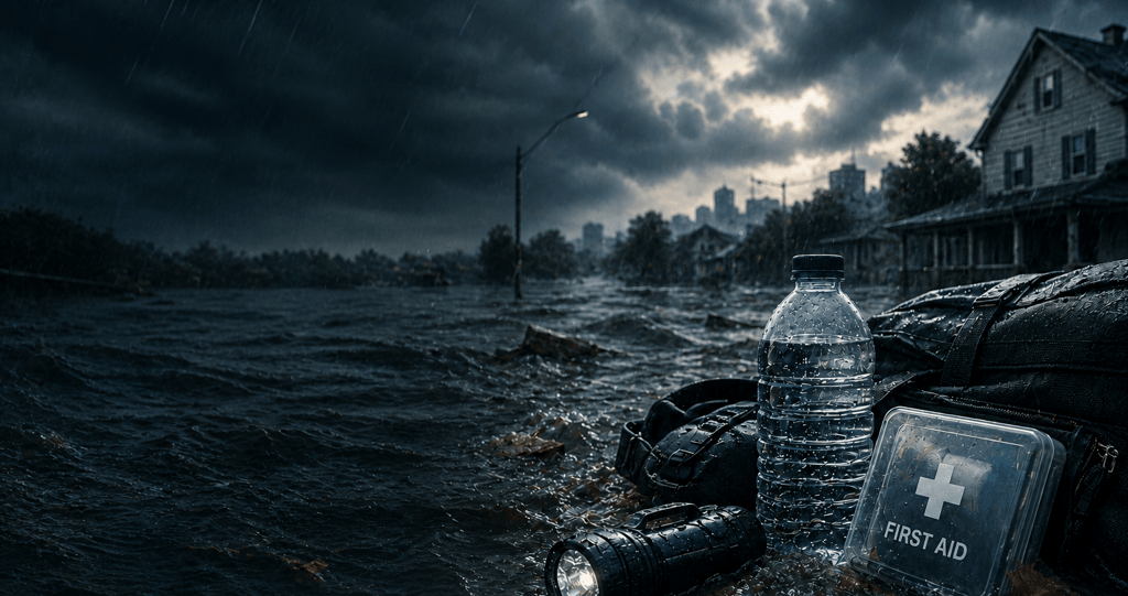 Emergency survival kit with first aid, water, and flashlight during a severe flood disaster.